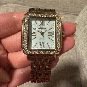 Peugeot Gold and White Crystal-Trim Square Watch